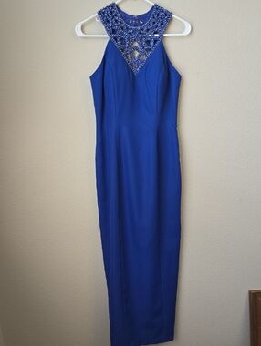 Embellished High-Neck Royal Blue Maxi Dress